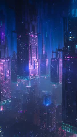 Soaring over neon-lit cyberpunk metropolis at night, vertical skyline pulsing with neon
