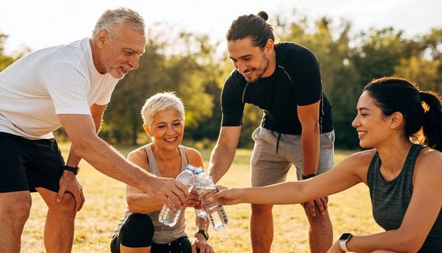 Clinking water bottles celebrating post-workout camaraderie among multigenerational group