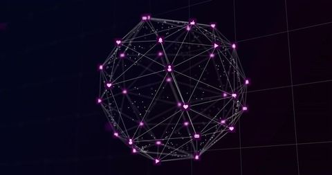 Neon social network sphere glowing with connected icons, data mesh and drifting particles