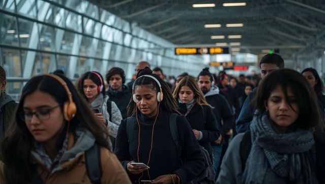 Woman wearing white headphones walking through crowded glass transit concourse