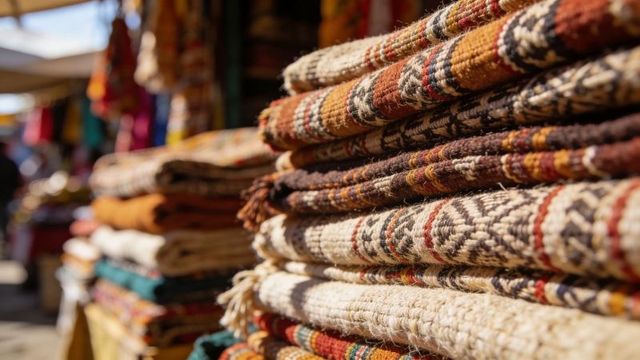 Stacked handwoven rugs with geometric patterns, tassels and warm earth tones at market
