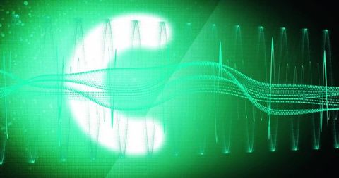 Glowing euro symbol pulsing with waveform data visualization in neon green for finance