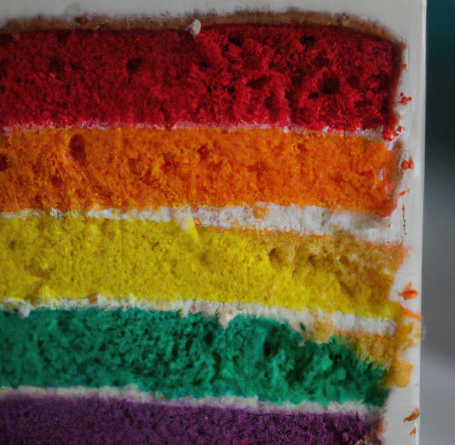 Close-up of a rainbow layer cake showing distinct vibrant colors and textures. Layers are red, orange, yellow, green, and purple with white frosting between them. Ideal for use in food blogs, dessert presentations, or celebratory theme content.