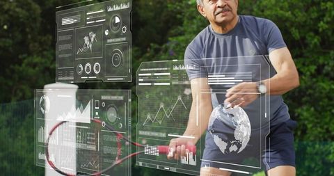 Senior Man Playing Tennis with Holographic Data Interface