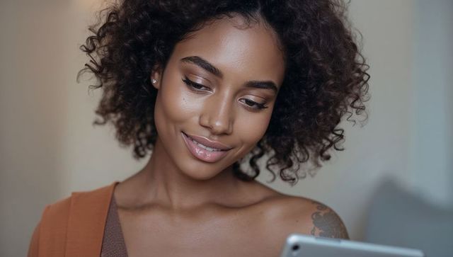 Smiling Woman Engaged with Tablet in Cozy Home Setting