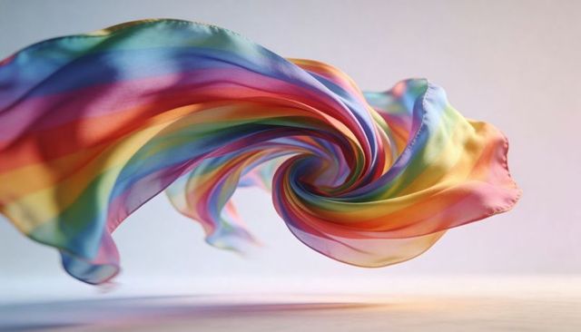 Spiraling rainbow silk scarf twisting in air with sheer iridescent layers