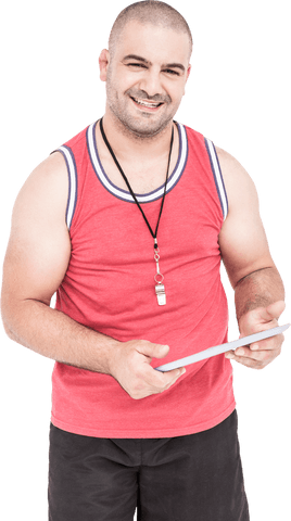 Transparent Man Smiling Holding Tablet Fitness Concept