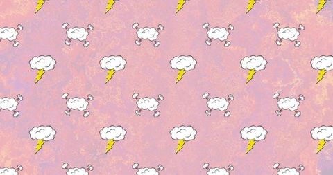 Seamless pastel pink marble pattern with cartoon storm clouds and yellow lightning