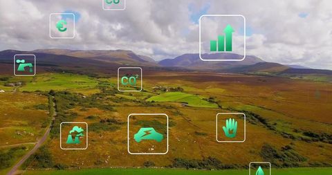 Floating Eco Icons Over Rural Landscape Symbolizing Sustainability