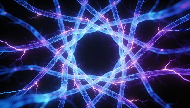 Neon neural network of glowing cyan and violet filaments pulsing with electric sparks