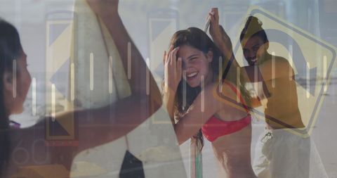 Digital Overlay of Financial Data on Beach Vacation Scene