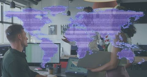 Global data collaboration meeting with holographic purple world map overlay