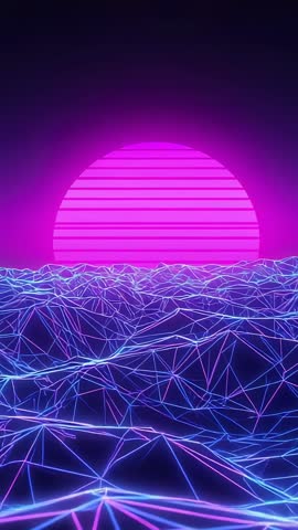 Wireframe Ocean Undulating Toward Magenta Sun Vertical Vaporwave Synthwave Loop