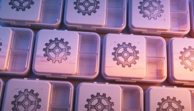 Modular plastic compartment trays with distressed gear logos in repeating grid with warm lighting
