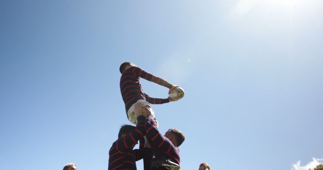 Rugby Lineout Players Lifting Teammate to Catch Ball - Download Free Stock Images Pikwizard.com