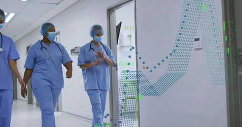 Medical team walking hospital corridor wearing scrubs and masks with data overlay