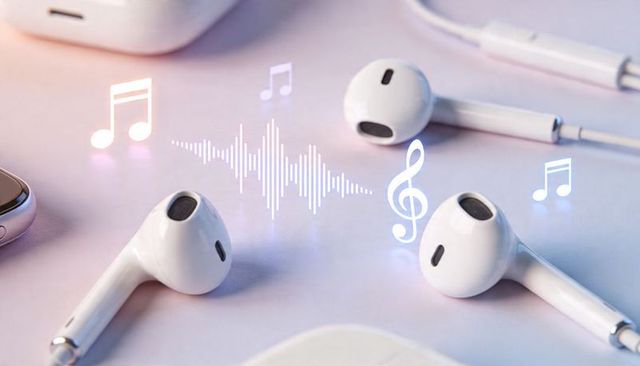 White wireless earbuds flatlay featuring musical waveform, treble clef and pastel gradient