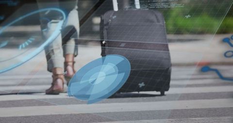 Business Traveler Navigates City Crosswalk with Digital Overlay