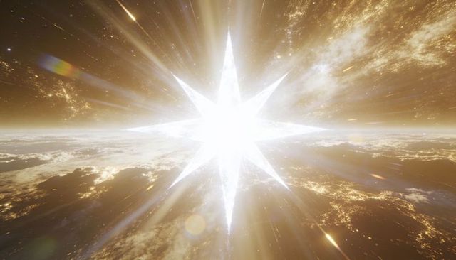 Eight-point starburst showering golden light over earth limb, revealing night city glow