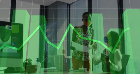 Financial Growth Animation Over Business Team Wearing Masks During Pandemic