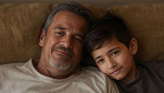 Father and son reclining together on sofa sharing gentle bond and relaxed home comfort