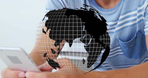 Man holding smartphone scrolling with wireframe globe overlay for global connectivity