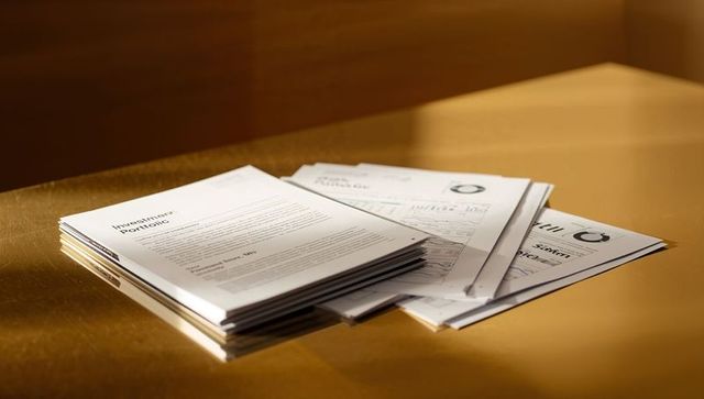 Displaying investment portfolio reports on sunlit desk with charts, pie graph and shadows