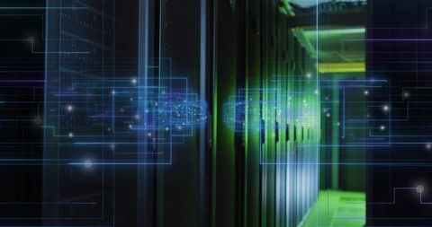 Futuristic Data Center with Circuit Overlay and Green Lighting