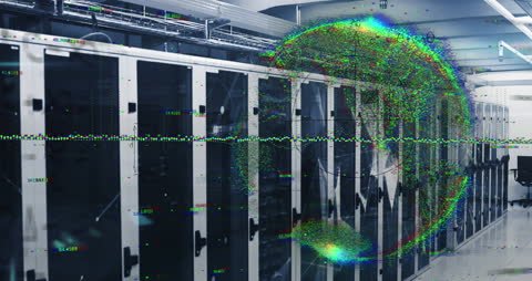 Digital Globe and Mathematical Equations Superimposed on Server Data Center