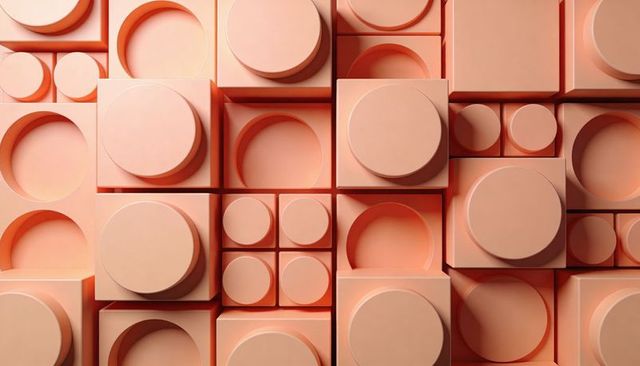 Peach modular tiles featuring circular recesses and raised discs, minimalist texture