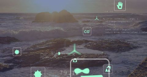 Sunset rocky coast with breaking waves and augmented reality co2 recycling overlay