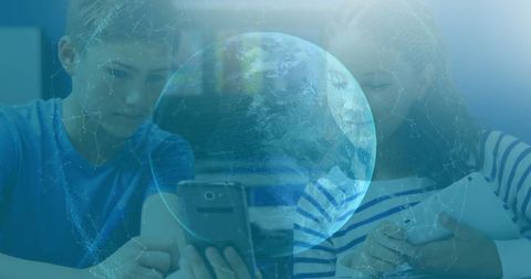 Children Learning Technology with Global Network Interface Overlay - Download Free Stock Images Pikwizard.com