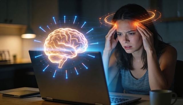 Woman pressing temples while viewing holographic brain above laptop at night