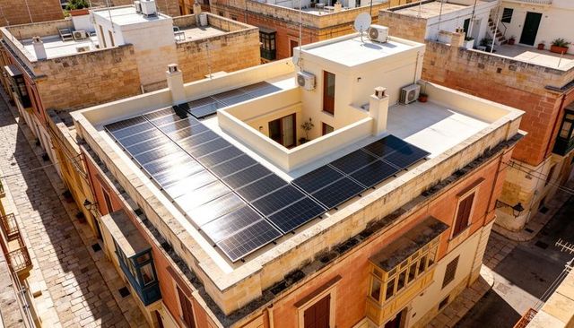 Mediterranean rooftop solar array on sunlit urban terrace overlooking narrow street