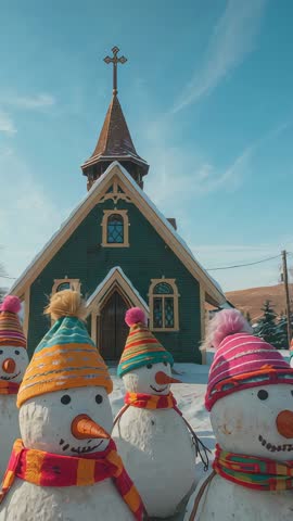 Camera sliding closer to five snowmen wearing knit hats in front of green chapel on sunny morning