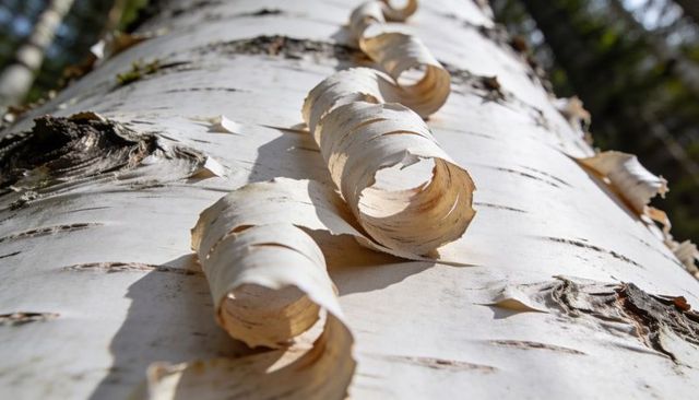 Sunlit birch bark curls on peeling trunk close-up showing texture and lenticels macro detail