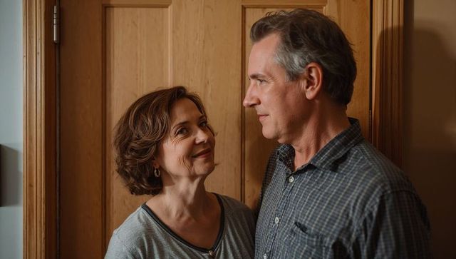 Mature couple sharing tender moment in warm wood hallway showing midlife affection
