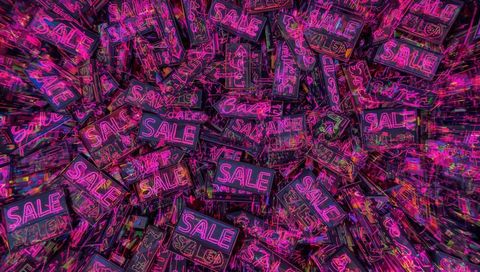 Pulsing neon sale signs piling into vibrant retail montage with motion streaks, shimmer
