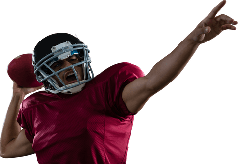 American football player in red jersey throwing ball on transparent background