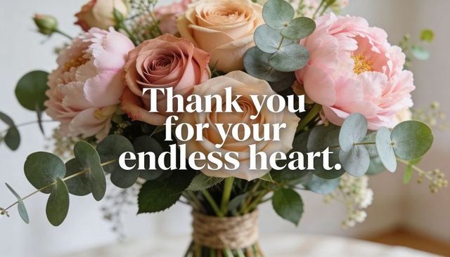 Blush peach rose peony thank you design with twine-wrapped bouquet and eucalyptus