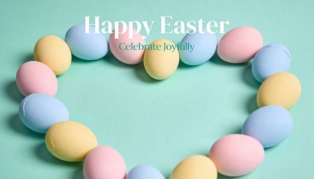 Pastel eggs forming heart on mint background with happy easter greeting for card design
