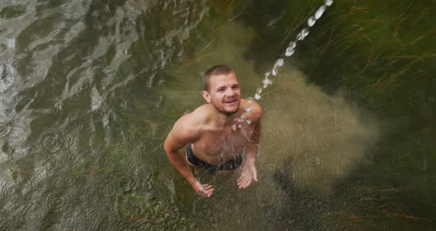 Man Enjoying Refreshing Mountain Water in a Lake