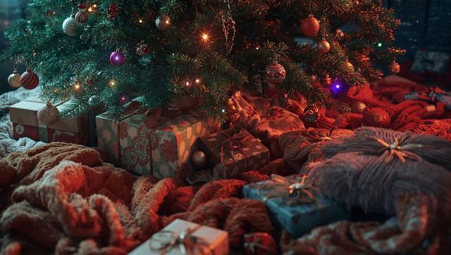 Festive christmas tree with wrapped gifts and ornaments