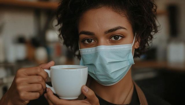 Masked barista holding white cup closeup portrait conveying hygiene and warmth