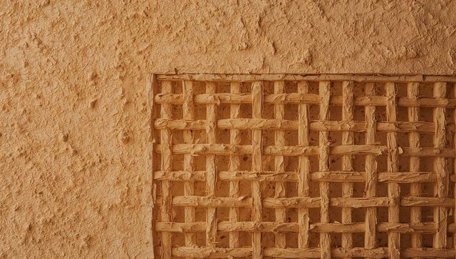 Rustic woven wooden lath inset in earthen plaster wall with clay mortar texture, macro detail