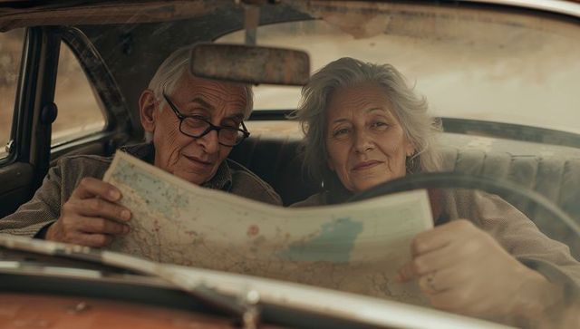 Senior couple studying map inside vintage car countryside road trip nostalgic travel