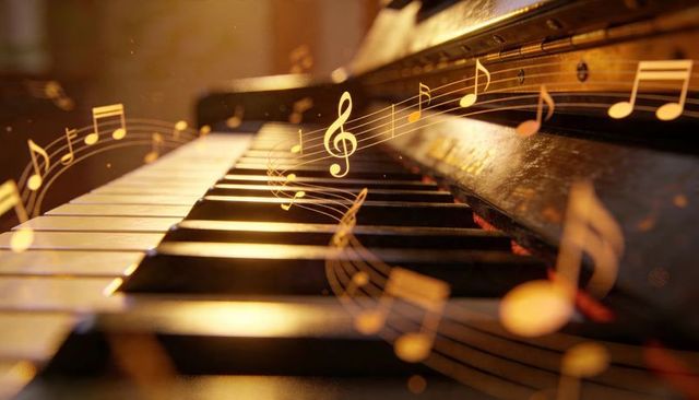 Golden melody on piano keys, warm close-up of keyboard with floating notes