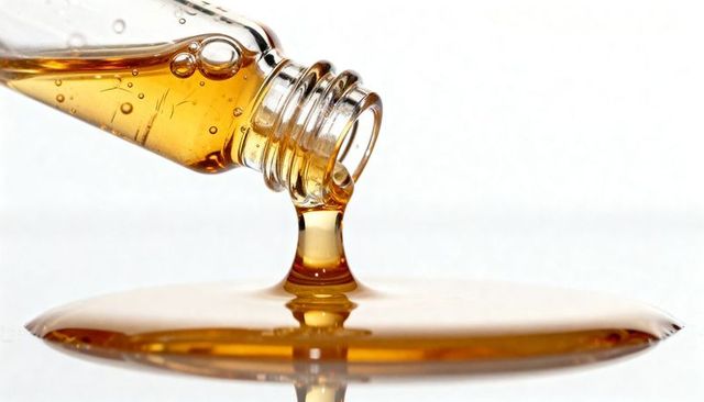 Pouring amber syrup from glass bottle forming glossy golden droplet macro