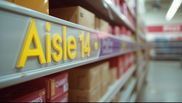 Aisle 14 signage in grocery store aisle with metal shelving and boxes