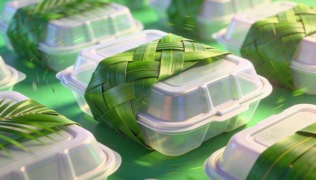 Braided palm band wrapping translucent clamshell for sustainable takeaway packaging